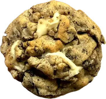 Cookies and cream cookie with Oreo pieces and white cream showing through